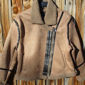 NEW Faux Suede Sherpa Lined Moto Jacket Coffee Color Size L New with Tag